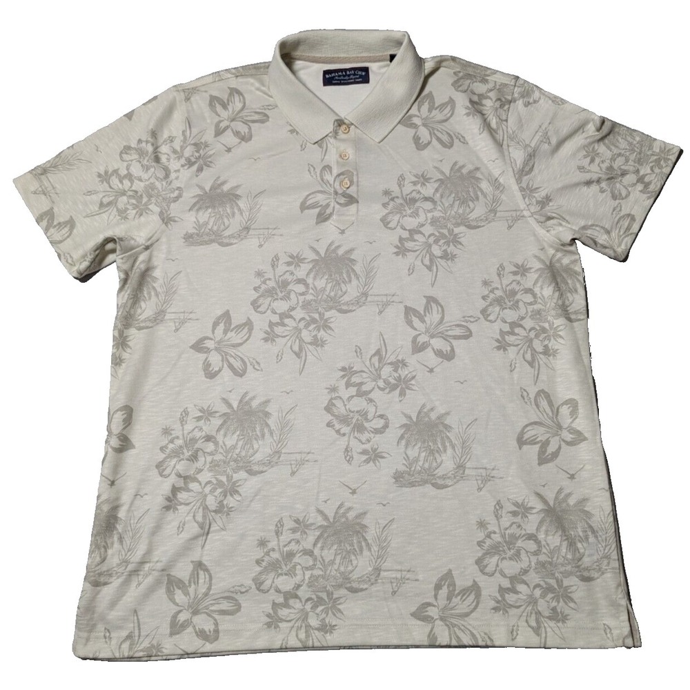 BAHAMA BAY CLUB Men Large Ivory Hawaiian Floral‎ Polo Shirt